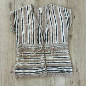 Chico's Beige Striped Open Front Knit Cardigan Sweater Short Sleeve Size 1